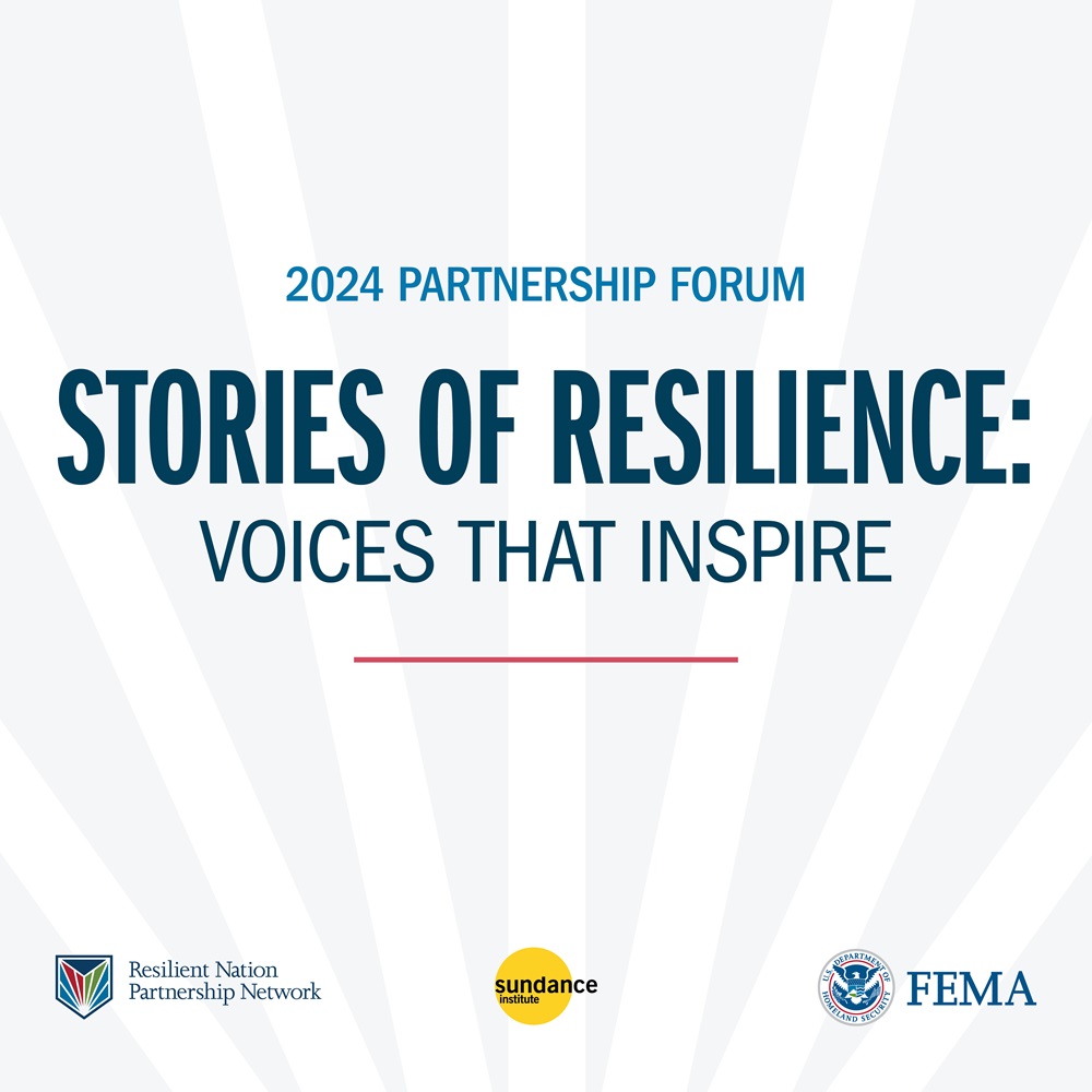 Blue and white graphic with text that reads, "2024 Partnership Forum Stories of Resilience: Voices that Inspire. April 2024