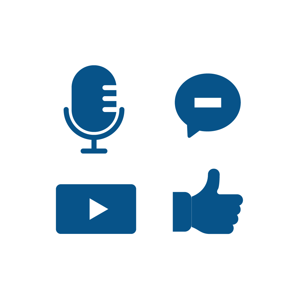 Four icons: microphone, chat bubble, video play button, thumbs up